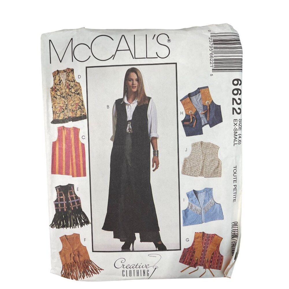 90s McCalls 6622 Vest Patterns Size XS (4-6) Creative Clothing Loose Fits CUT
